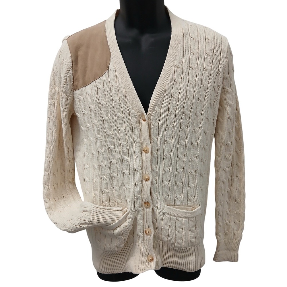 Ralph Lauren Mens Cream Cable Knit Cardigan Suede Shooting Patch Cotton Large